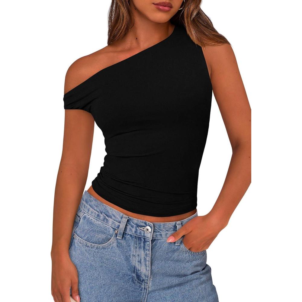 imagePRETTYGARDEN Womens Off The Shoulder Tops 2026 Summer Crop Top Trendy Casual Spring Fitted Cute Going Out Tshirts ShirtsBlack