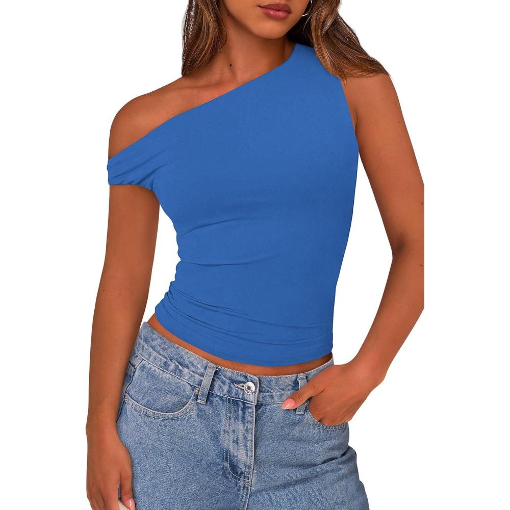 imagePRETTYGARDEN Womens Off The Shoulder Tops 2026 Summer Crop Top Trendy Casual Spring Fitted Cute Going Out Tshirts ShirtsBlue
