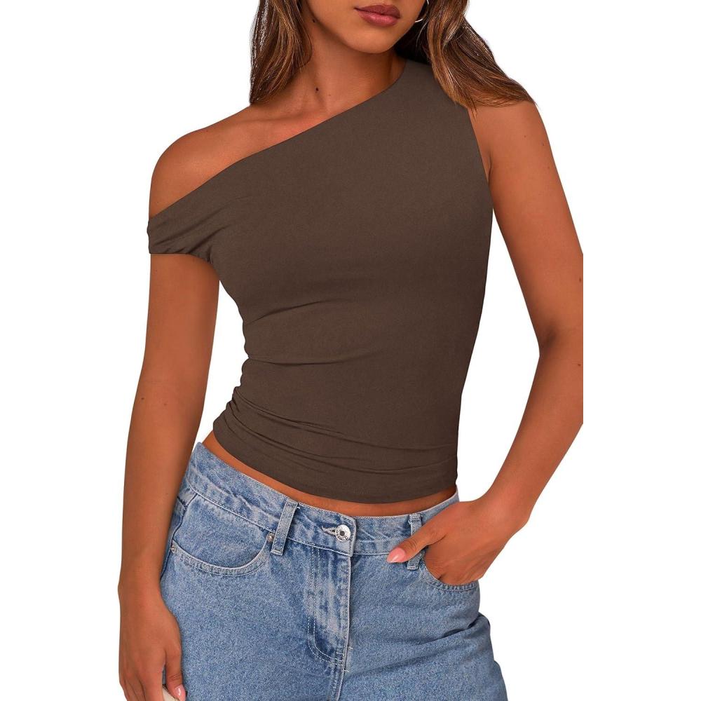 imagePRETTYGARDEN Womens Off The Shoulder Tops 2026 Summer Crop Top Trendy Casual Spring Fitted Cute Going Out Tshirts ShirtsCoffee