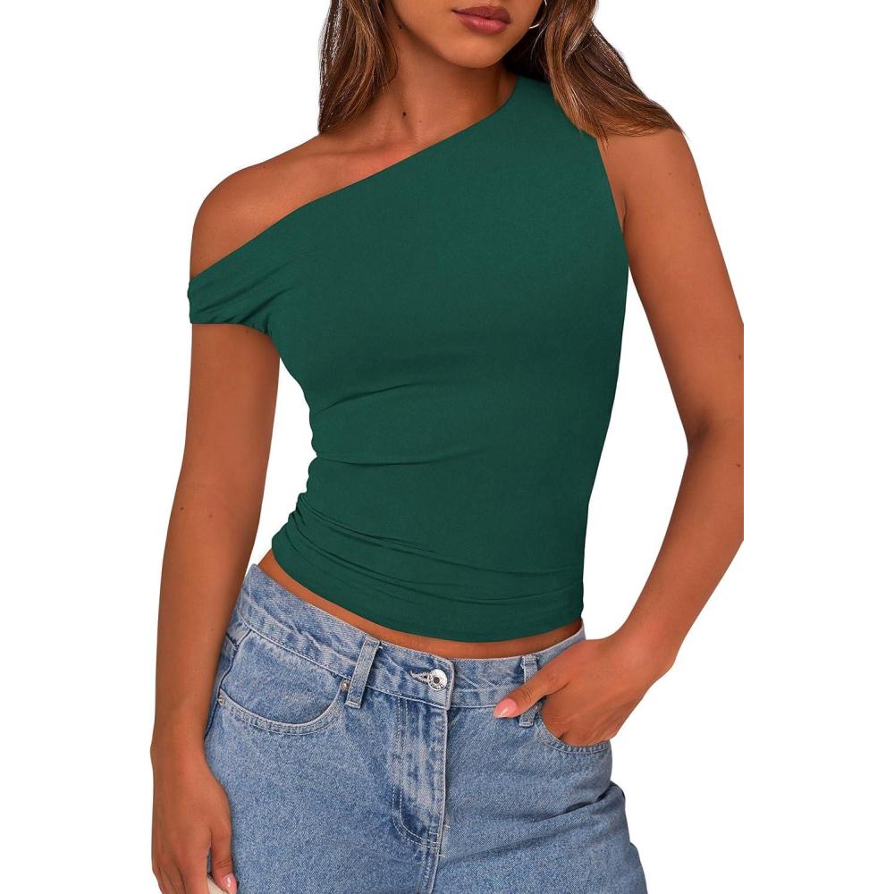 imagePRETTYGARDEN Womens Off The Shoulder Tops 2026 Summer Crop Top Trendy Casual Spring Fitted Cute Going Out Tshirts ShirtsDark Green