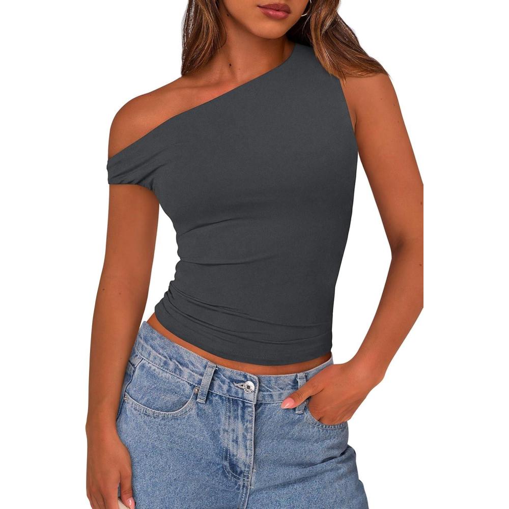 imagePRETTYGARDEN Womens Off The Shoulder Tops 2026 Summer Crop Top Trendy Casual Spring Fitted Cute Going Out Tshirts ShirtsDark Grey