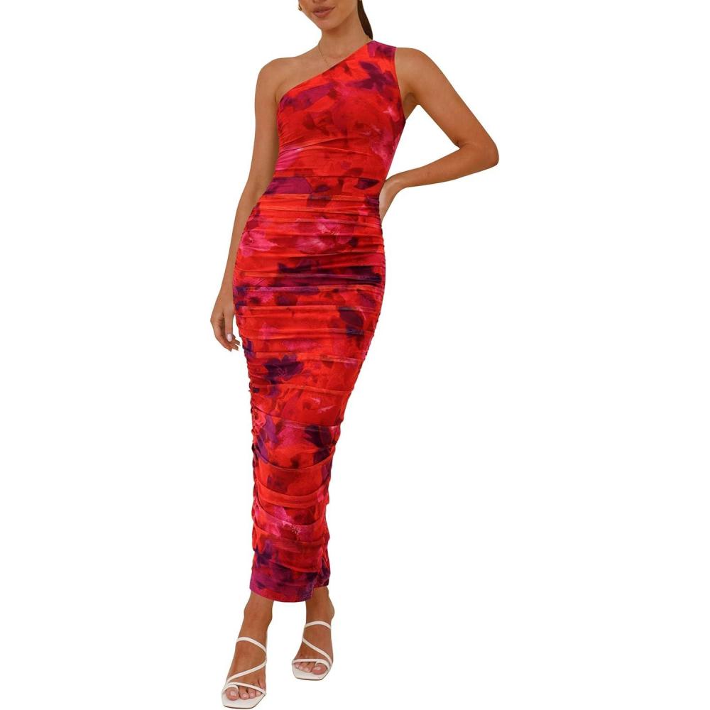 imagePRETTYGARDEN Womens One Shoulder Bodycon Dresses Summer 2025 Ruched Floral Beach Cocktail Wedding Guest DressFloral Rust Red