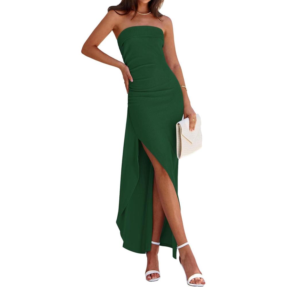 imagePRETTYGARDEN Womens Ruched Bodycon Dresses Summer Off Shoulder Asymmetrical High Split Elegant Cocktail Party DressDark Green