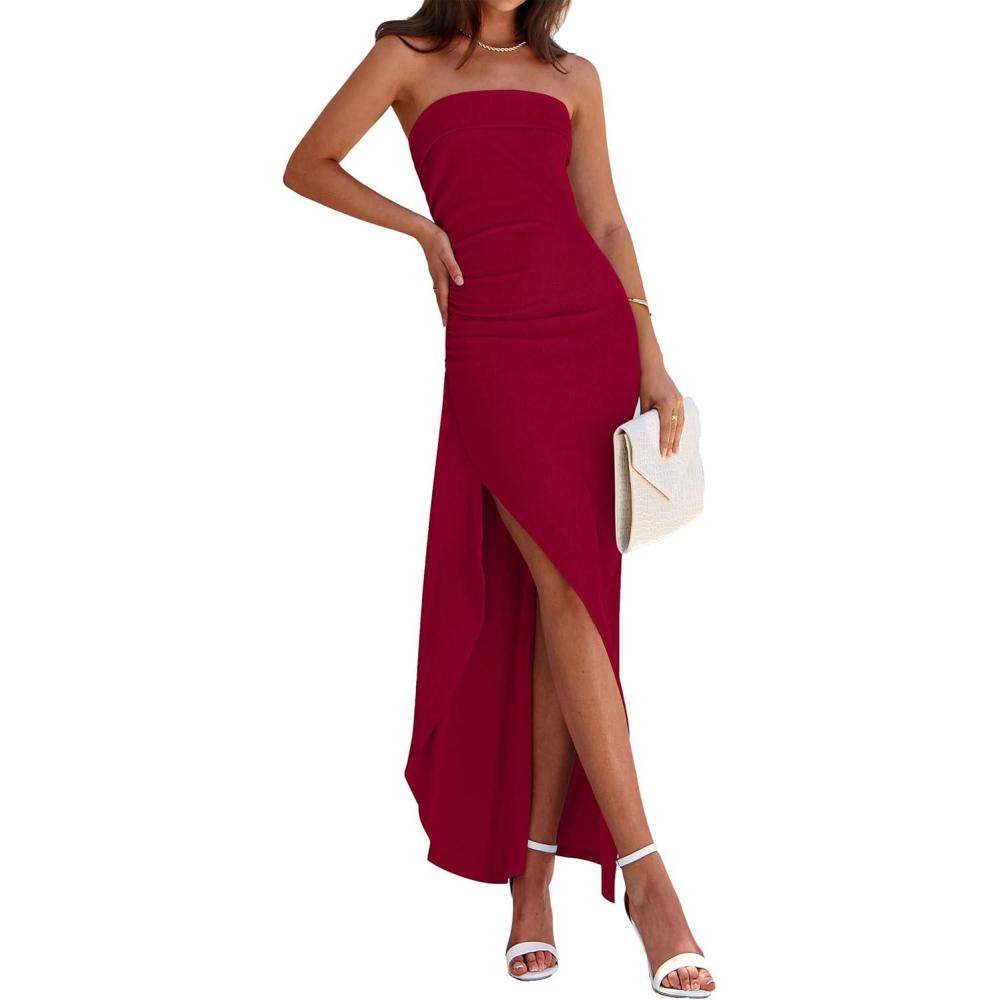 imagePRETTYGARDEN Womens Ruched Bodycon Dresses Summer Off Shoulder Asymmetrical High Split Elegant Cocktail Party DressWine Red
