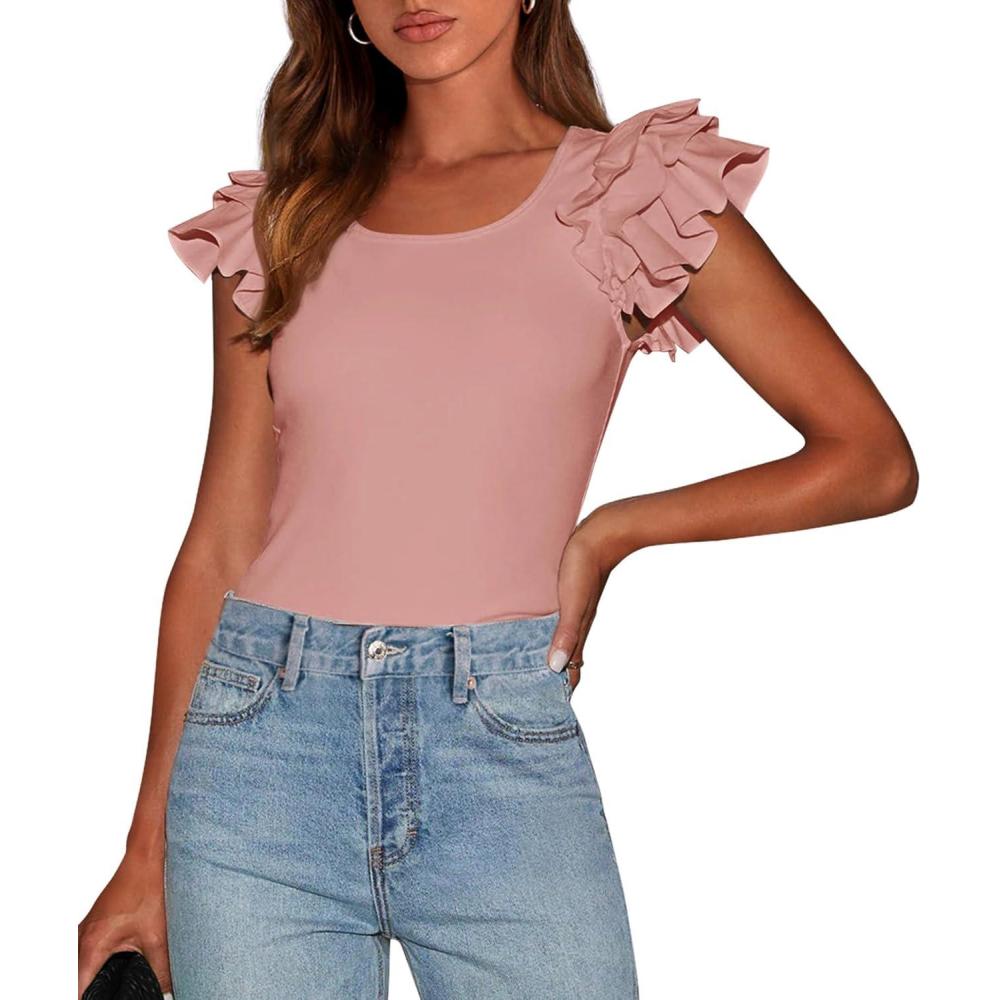 imagePRETTYGARDEN Womens Ruffle Short Sleeve Shirts 2026 Summer Casual Basic Tee Cute Fitted Crew Neck Fashion Tops ClothesDusty Pink