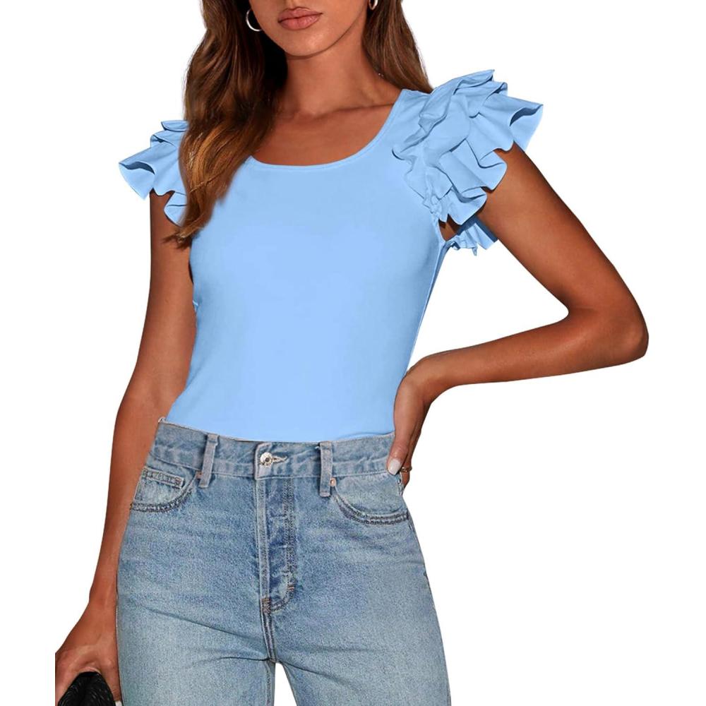 imagePRETTYGARDEN Womens Ruffle Short Sleeve Shirts 2026 Summer Casual Basic Tee Cute Fitted Crew Neck Fashion Tops ClothesLight Blue