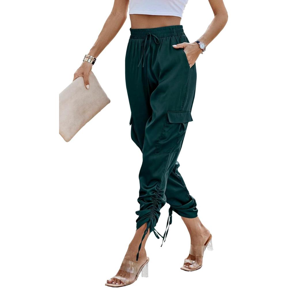 imagePRETTYGARDEN Womens Satin Jogger Pants Casual Dressy High Waist Long Lounge Pant Trousers Summer Outfits with PocketsZdark Green