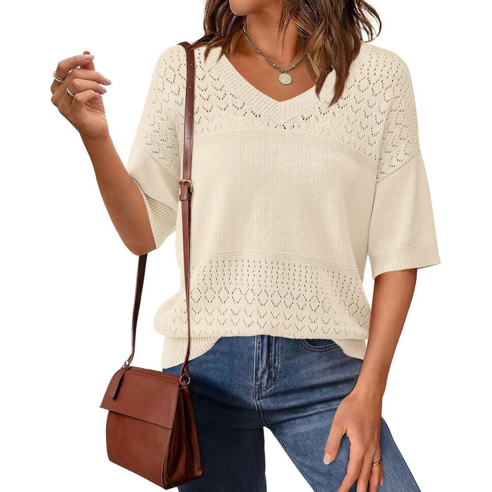 imagePRETTYGARDEN Womens Short Sleeve Sweater Tops 2026 Spring Summer Casual V Neck Ribbed Knit Trendy Eyelet Blouse T ShirtsApricot