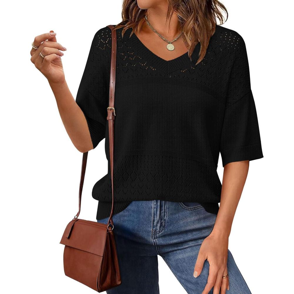 imagePRETTYGARDEN Womens Short Sleeve Sweater Tops 2026 Spring Summer Casual V Neck Ribbed Knit Trendy Eyelet Blouse T ShirtsBlack