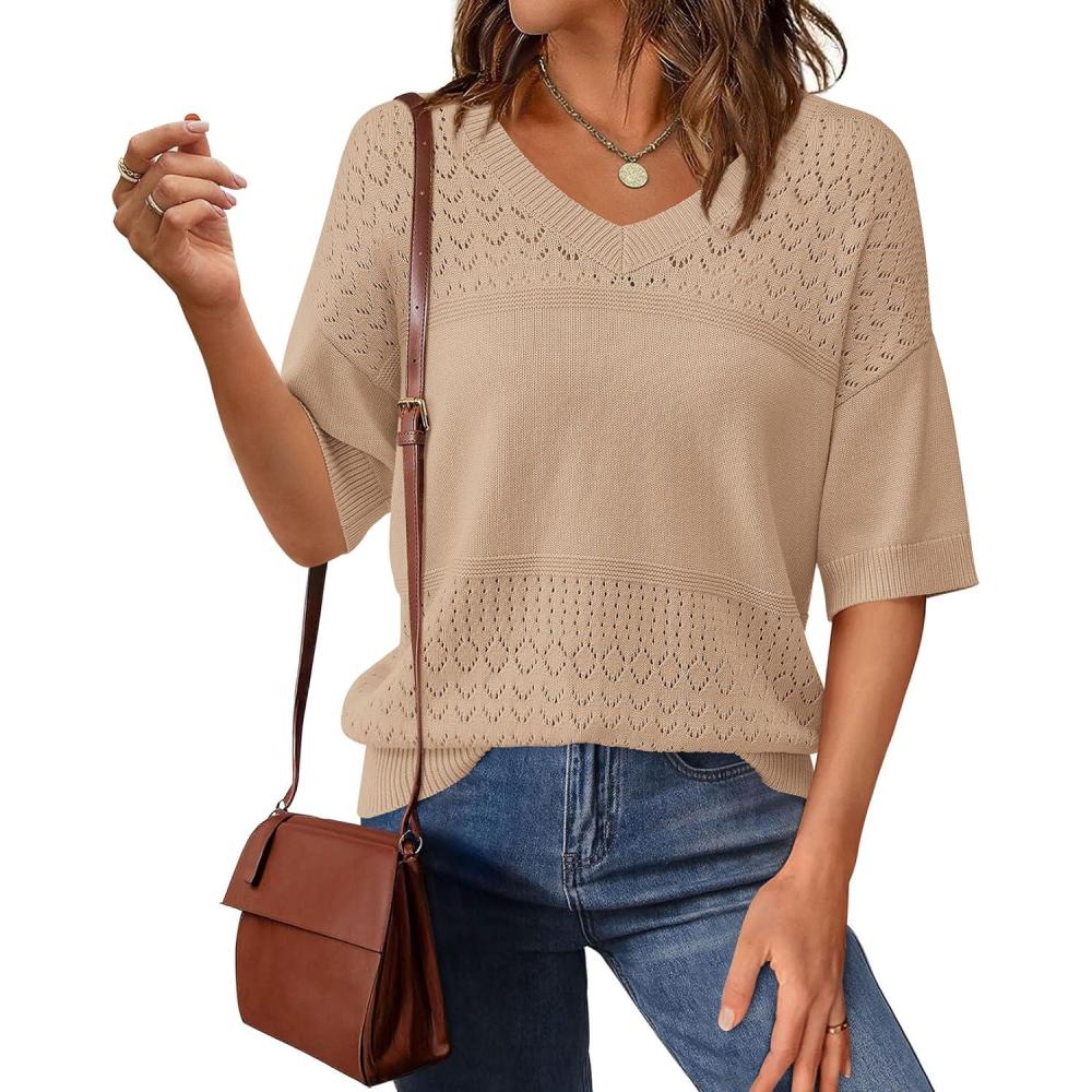 imagePRETTYGARDEN Womens Short Sleeve Sweater Tops 2026 Spring Summer Casual V Neck Ribbed Knit Trendy Eyelet Blouse T ShirtsDark Apricot