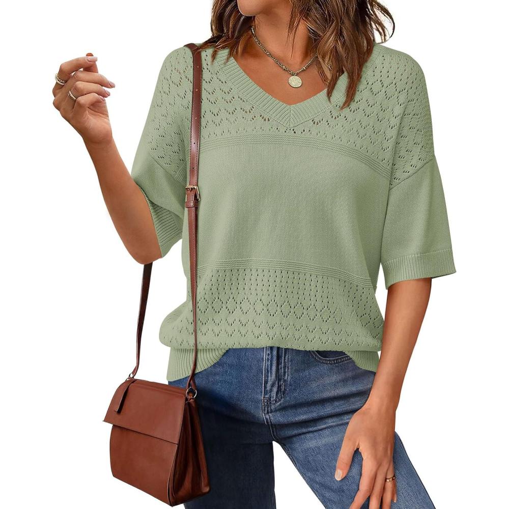 imagePRETTYGARDEN Womens Short Sleeve Sweater Tops 2026 Spring Summer Casual V Neck Ribbed Knit Trendy Eyelet Blouse T ShirtsMid Green
