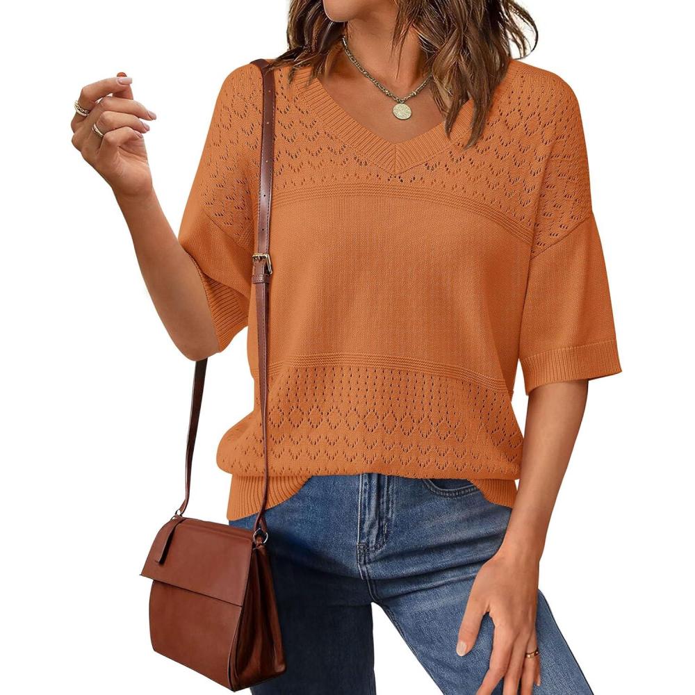 imagePRETTYGARDEN Womens Short Sleeve Sweater Tops 2026 Spring Summer Casual V Neck Ribbed Knit Trendy Eyelet Blouse T ShirtsOrange Red