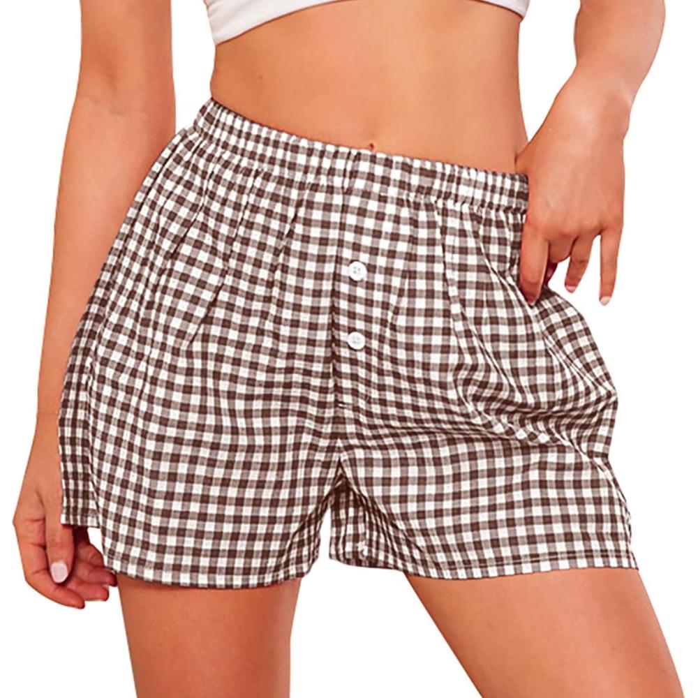 imagePRETTYGARDEN Womens Shorts Boxers 2026 Summer Gingham Pajama Lounge Sleep Y2K Plaid Pj Shorts Beach BottomsBrown