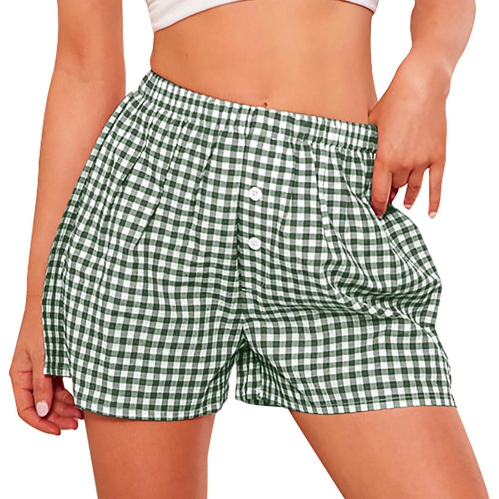 imagePRETTYGARDEN Womens Shorts Boxers 2026 Summer Gingham Pajama Lounge Sleep Y2K Plaid Pj Shorts Beach BottomsGreen
