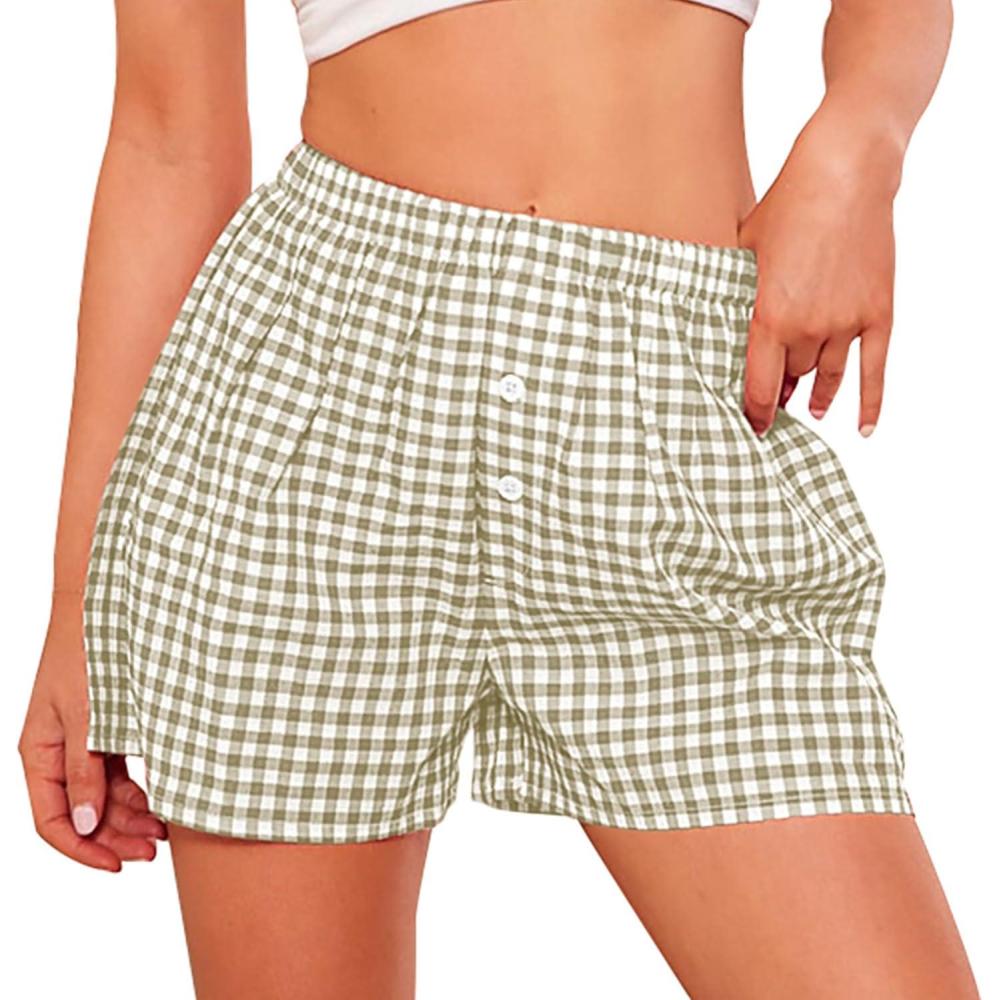 imagePRETTYGARDEN Womens Shorts Boxers 2026 Summer Gingham Pajama Lounge Sleep Y2K Plaid Pj Shorts Beach BottomsLight Army Green