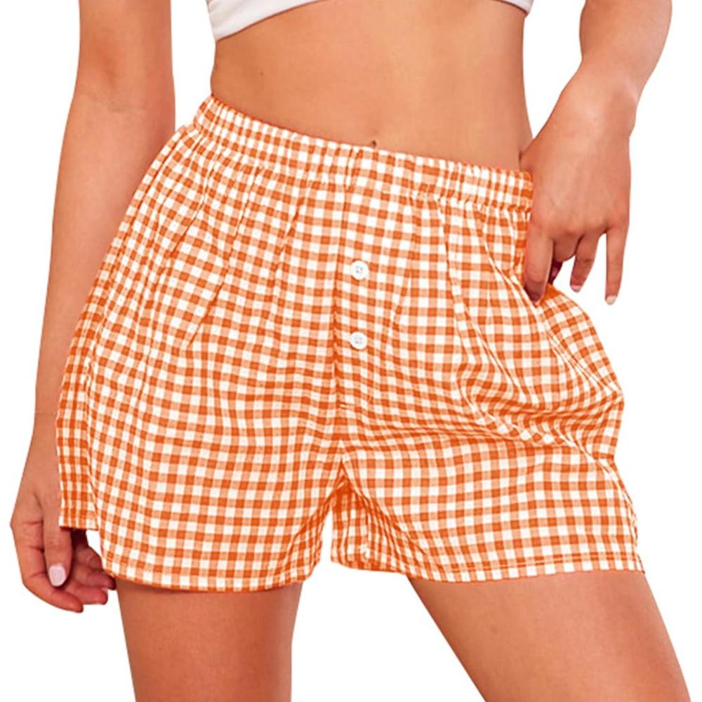 imagePRETTYGARDEN Womens Shorts Boxers 2026 Summer Gingham Pajama Lounge Sleep Y2K Plaid Pj Shorts Beach BottomsOrange