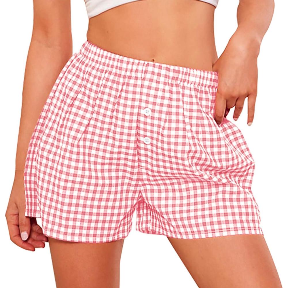 imagePRETTYGARDEN Womens Shorts Boxers 2026 Summer Gingham Pajama Lounge Sleep Y2K Plaid Pj Shorts Beach BottomsPink
