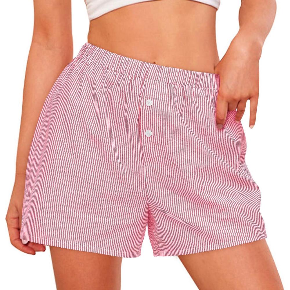 imagePRETTYGARDEN Womens Shorts Boxers 2026 Summer Gingham Pajama Lounge Sleep Y2K Plaid Pj Shorts Beach BottomsStriped Red