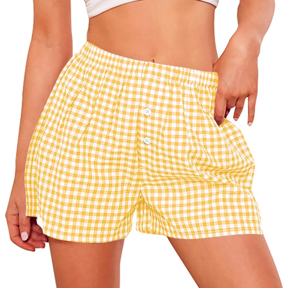 imagePRETTYGARDEN Womens Shorts Boxers 2026 Summer Gingham Pajama Lounge Sleep Y2K Plaid Pj Shorts Beach BottomsYellow