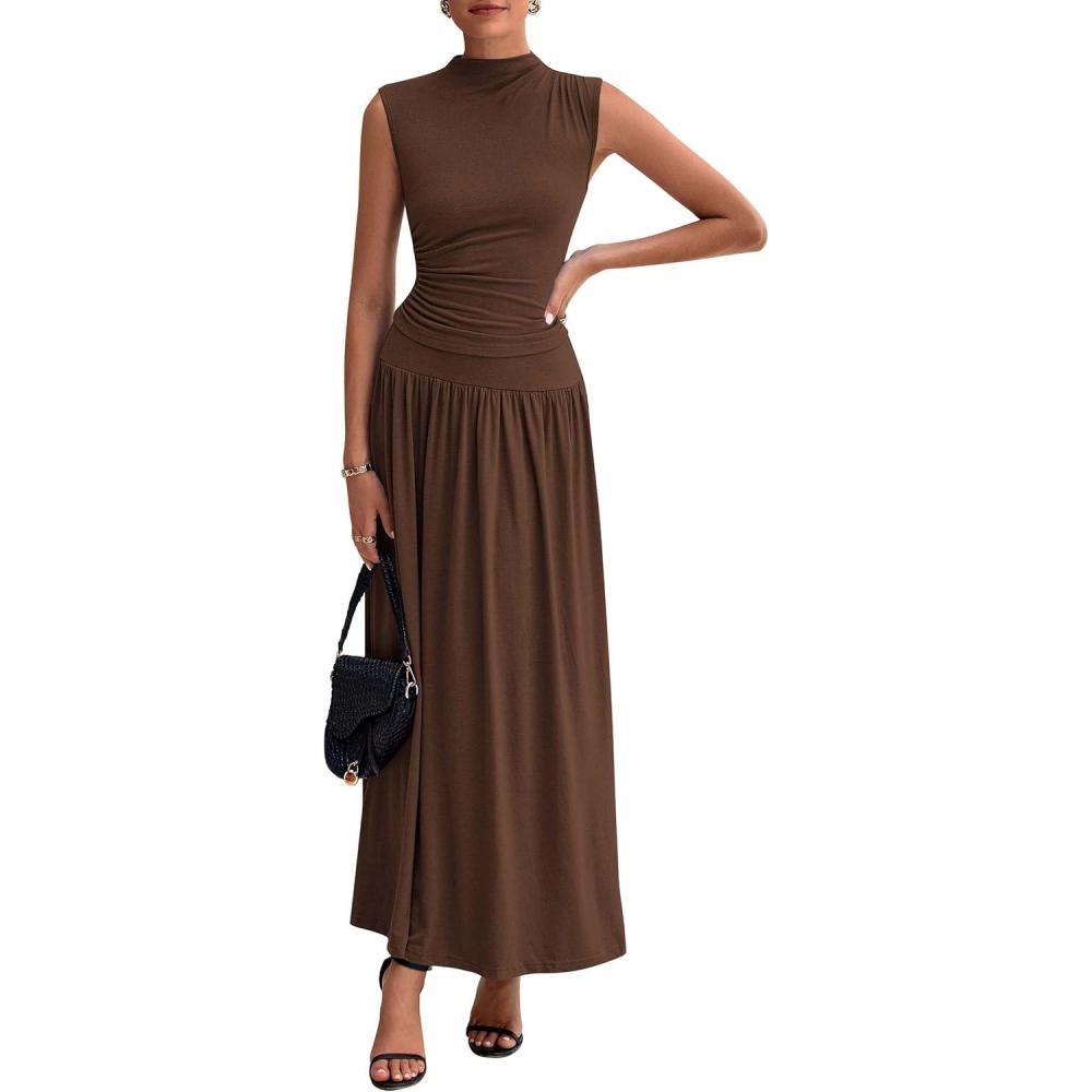 imagePRETTYGARDEN Womens Skirt Sets 2025 Summer Ruched Tank Tops Ruffle Maxi Skirts Wedding Guest Matching 2 Piece OutfitsCoffee