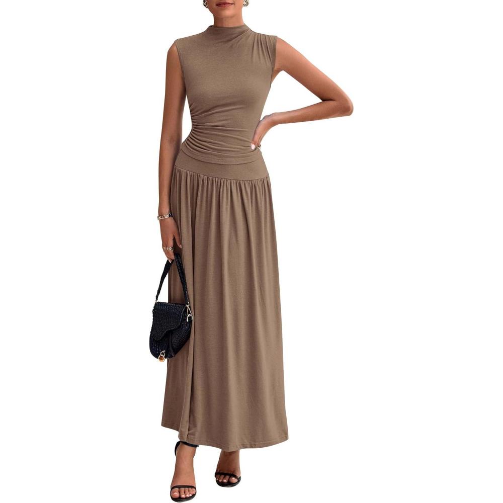 imagePRETTYGARDEN Womens Skirt Sets 2025 Summer Ruched Tank Tops Ruffle Maxi Skirts Wedding Guest Matching 2 Piece OutfitsKhaki