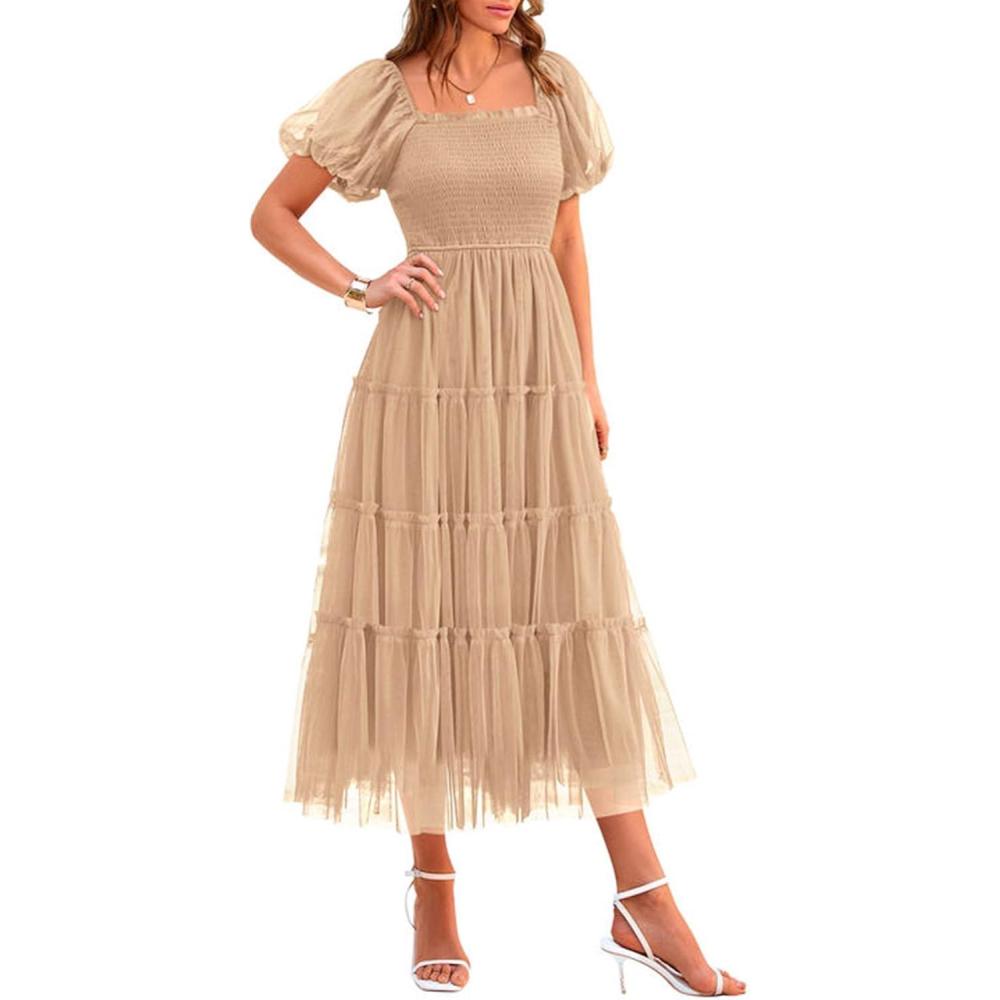 imagePRETTYGARDEN Womens Smocked Midi Tulle Dress 2026 Summer Puffy Short Sleeve Square Neck Ruffle Wedding Guest Party DressesApricot