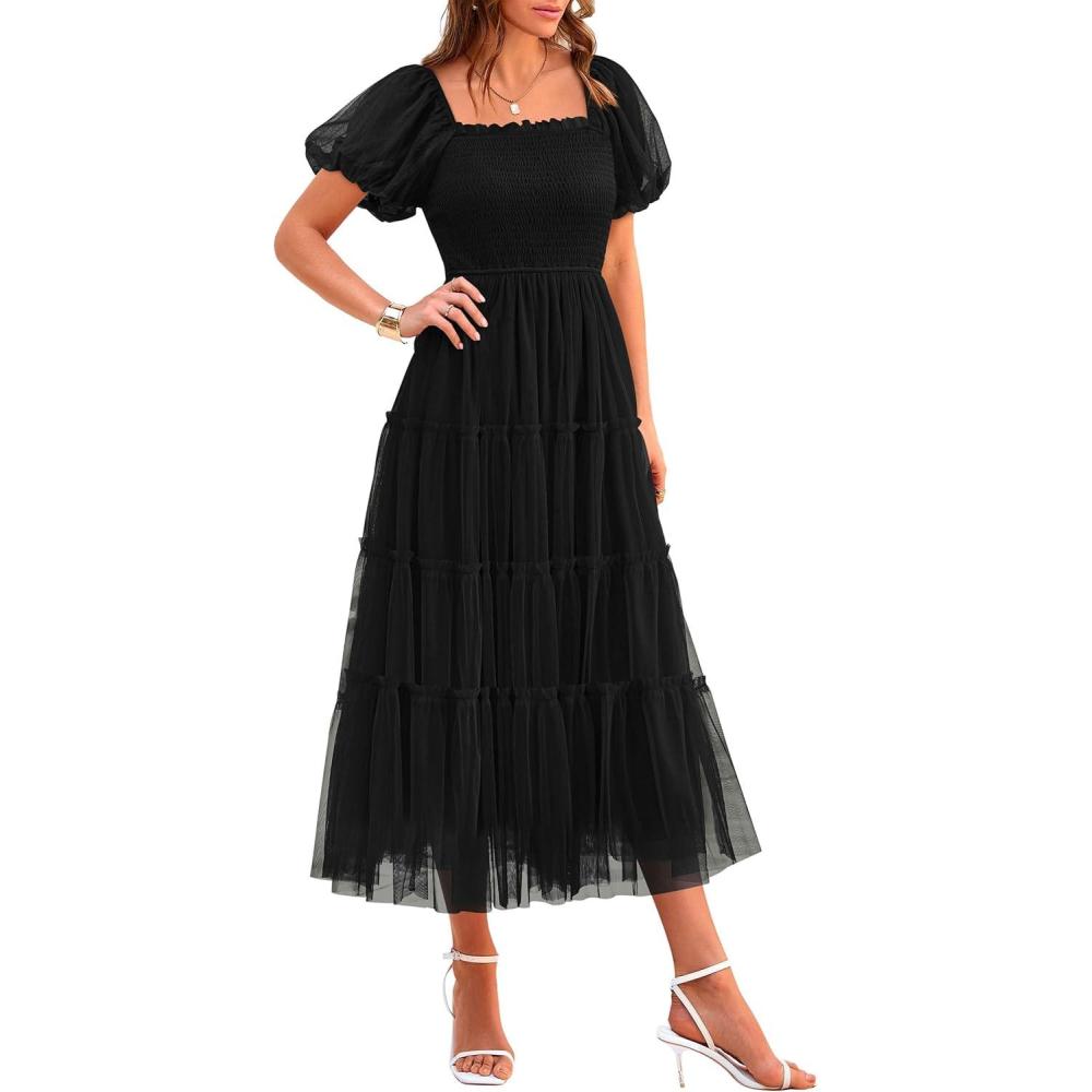imagePRETTYGARDEN Womens Smocked Midi Tulle Dress 2026 Summer Puffy Short Sleeve Square Neck Ruffle Wedding Guest Party DressesBlack