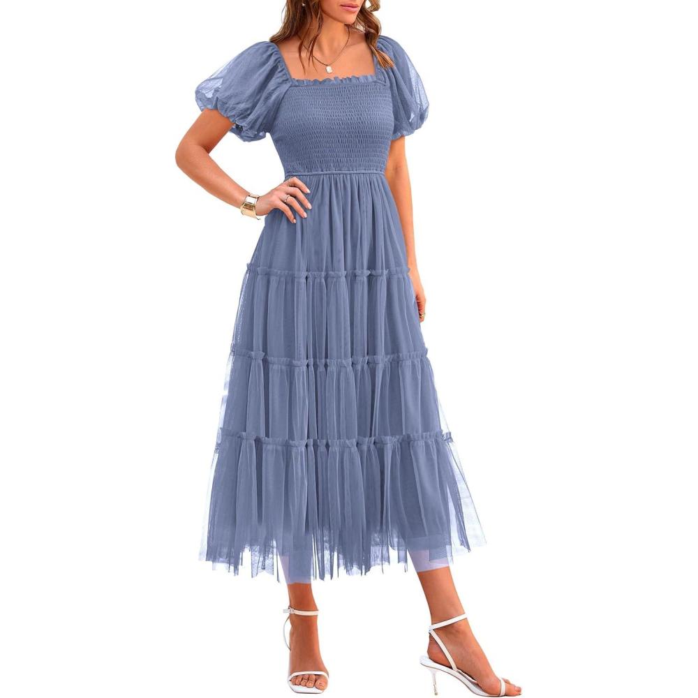 imagePRETTYGARDEN Womens Smocked Midi Tulle Dress 2026 Summer Puffy Short Sleeve Square Neck Ruffle Wedding Guest Party DressesGrey Blue