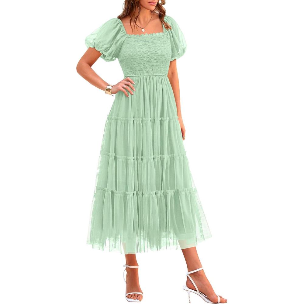 imagePRETTYGARDEN Womens Smocked Midi Tulle Dress 2026 Summer Puffy Short Sleeve Square Neck Ruffle Wedding Guest Party DressesLight Green