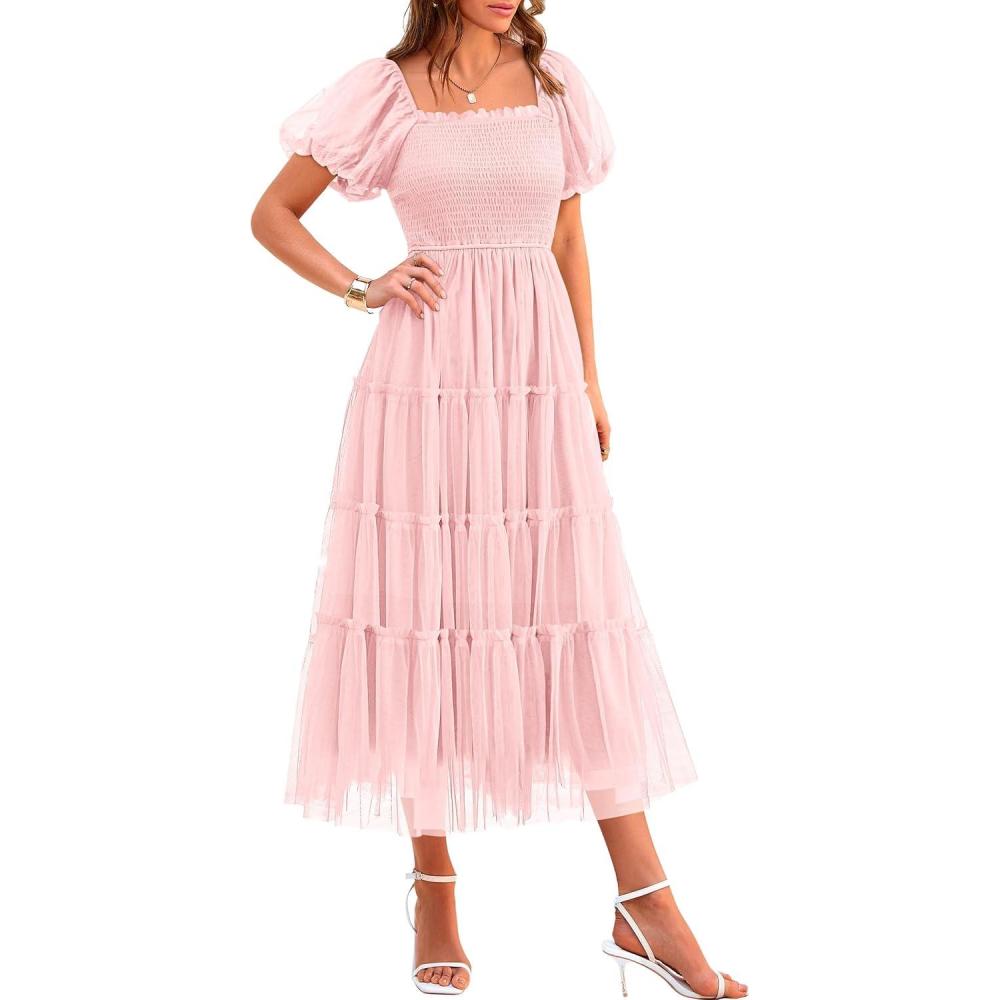imagePRETTYGARDEN Womens Smocked Midi Tulle Dress 2026 Summer Puffy Short Sleeve Square Neck Ruffle Wedding Guest Party DressesLight Pink