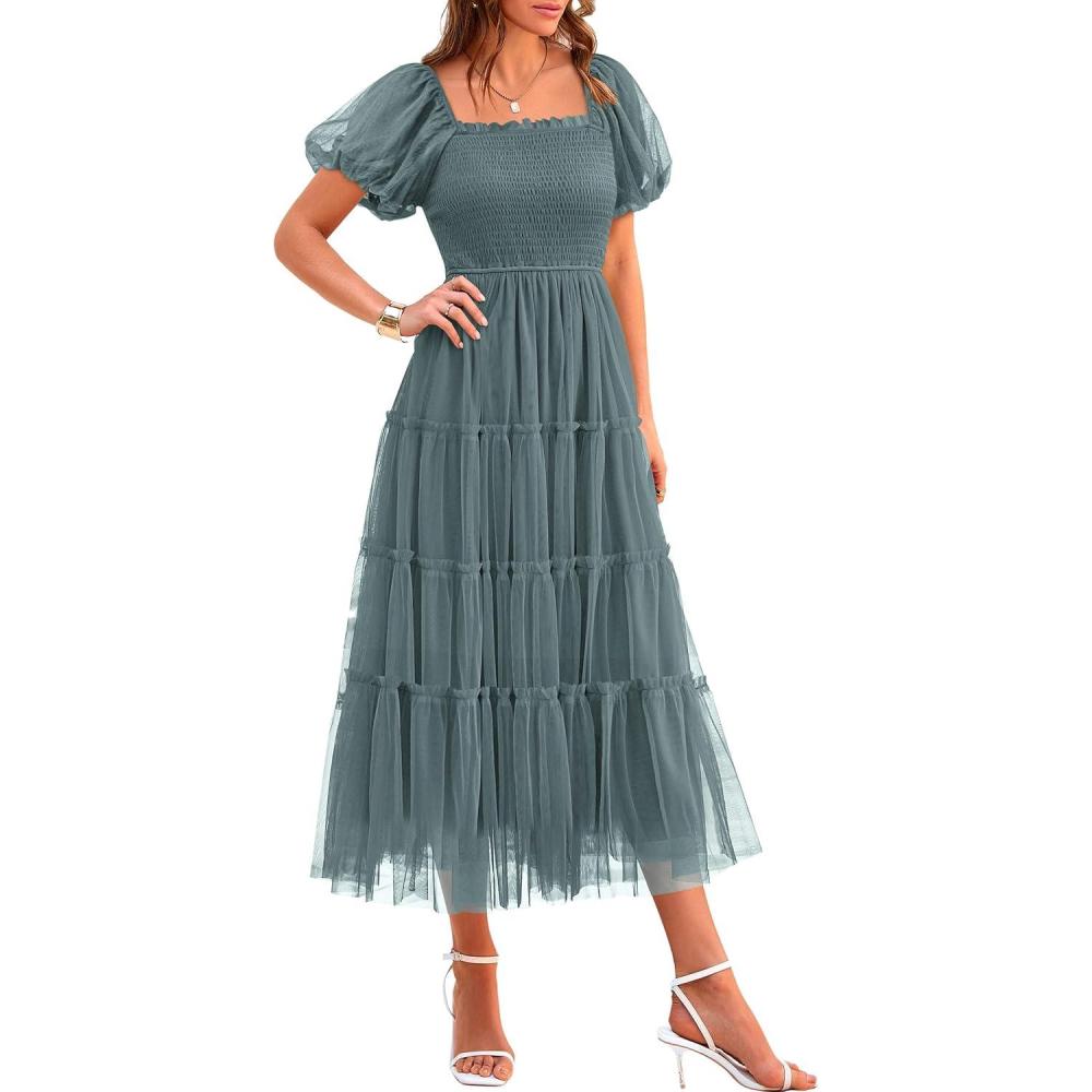 imagePRETTYGARDEN Womens Smocked Midi Tulle Dress 2026 Summer Puffy Short Sleeve Square Neck Ruffle Wedding Guest Party DressesSage Green