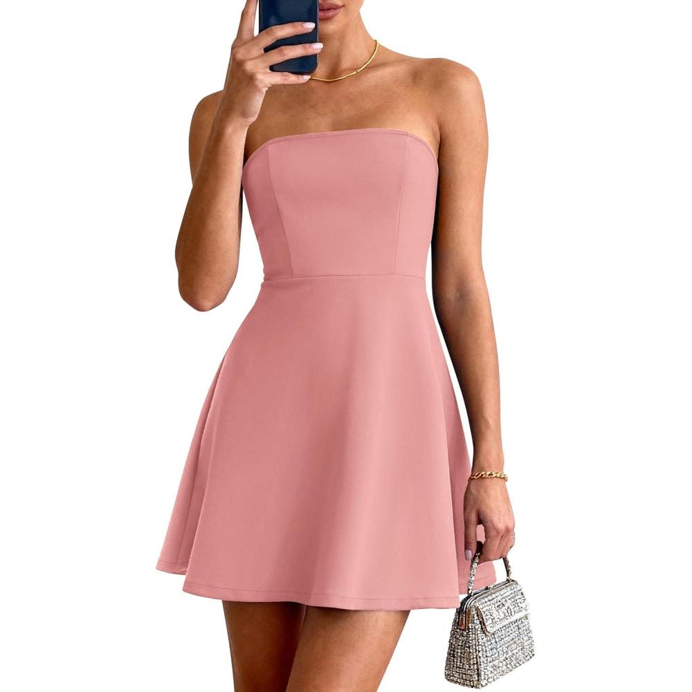 imagePRETTYGARDEN Womens Strapless Mini Summer Dress 2026 Spring A Line Tube Top Wedding Guest Cocktail Party Short DressesPink