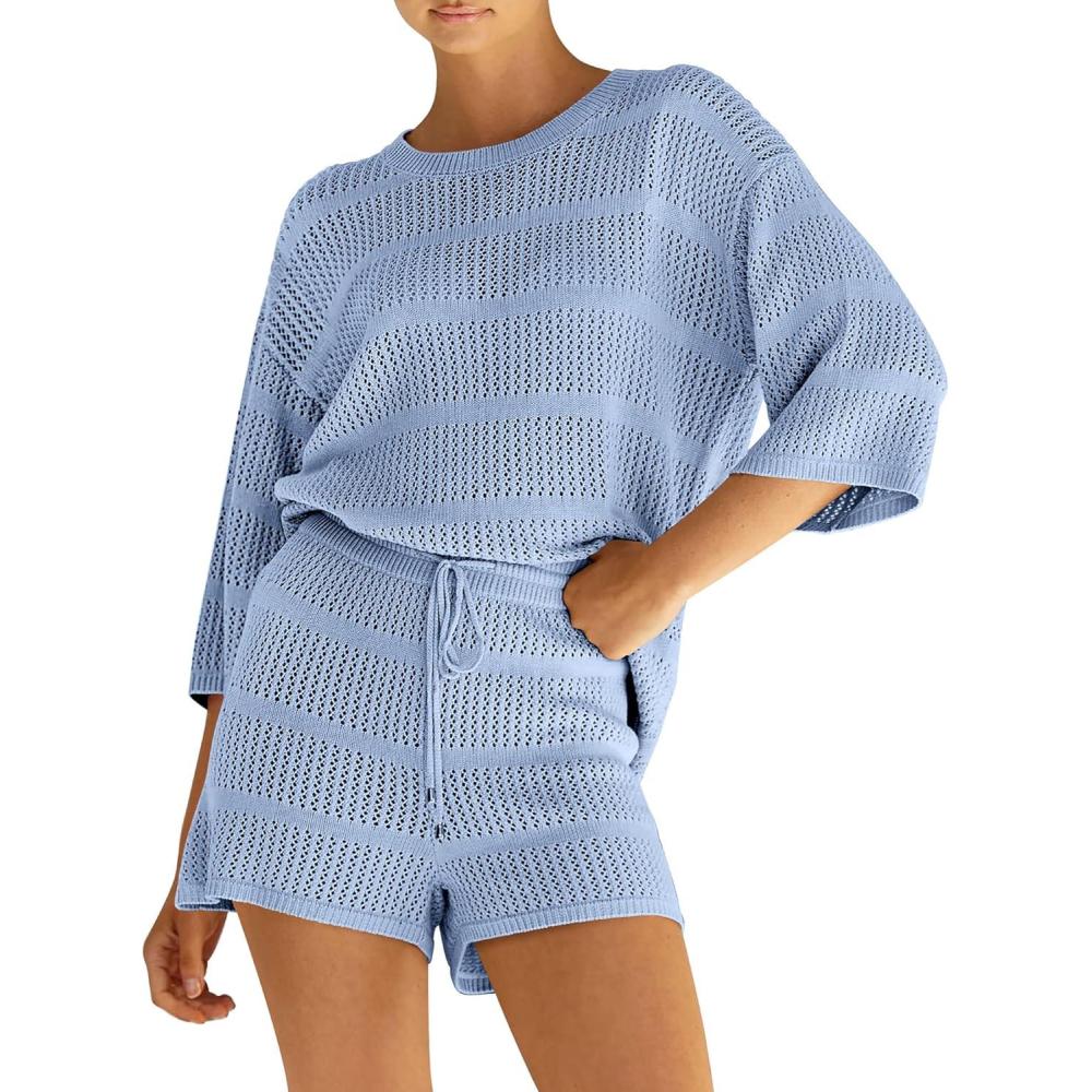 imagePRETTYGARDEN Womens Summer 2 Piece Cover up Knit Swimsuit Short Sleeve Tops Shorts Sets Bathing Suit Beach OutfitsLight Blue
