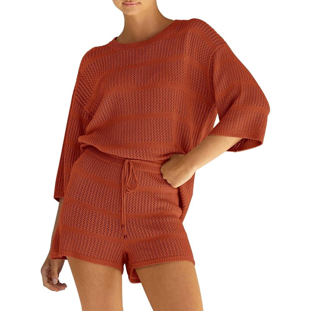 imagePRETTYGARDEN Womens Summer 2 Piece Cover up Knit Swimsuit Short Sleeve Tops Shorts Sets Bathing Suit Beach OutfitsOrange