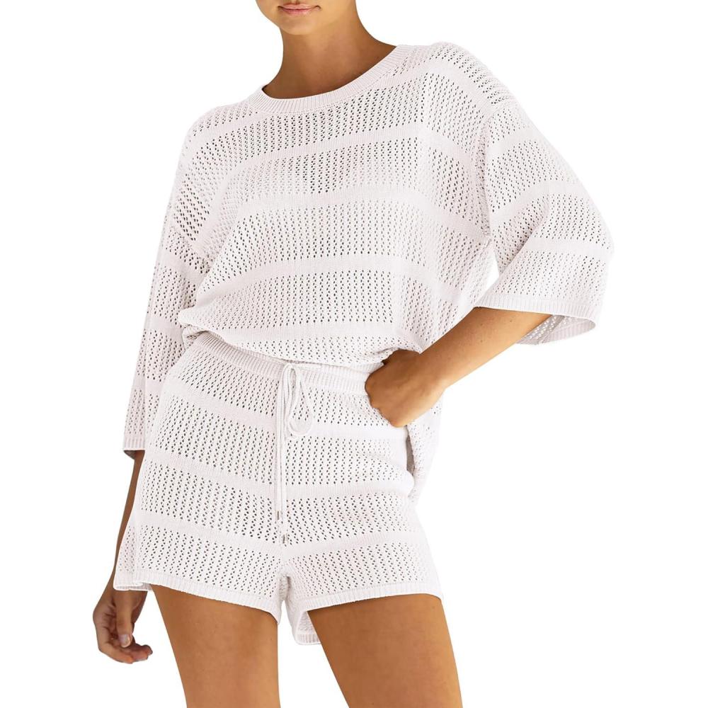 imagePRETTYGARDEN Womens Summer 2 Piece Cover up Knit Swimsuit Short Sleeve Tops Shorts Sets Bathing Suit Beach OutfitsWhite