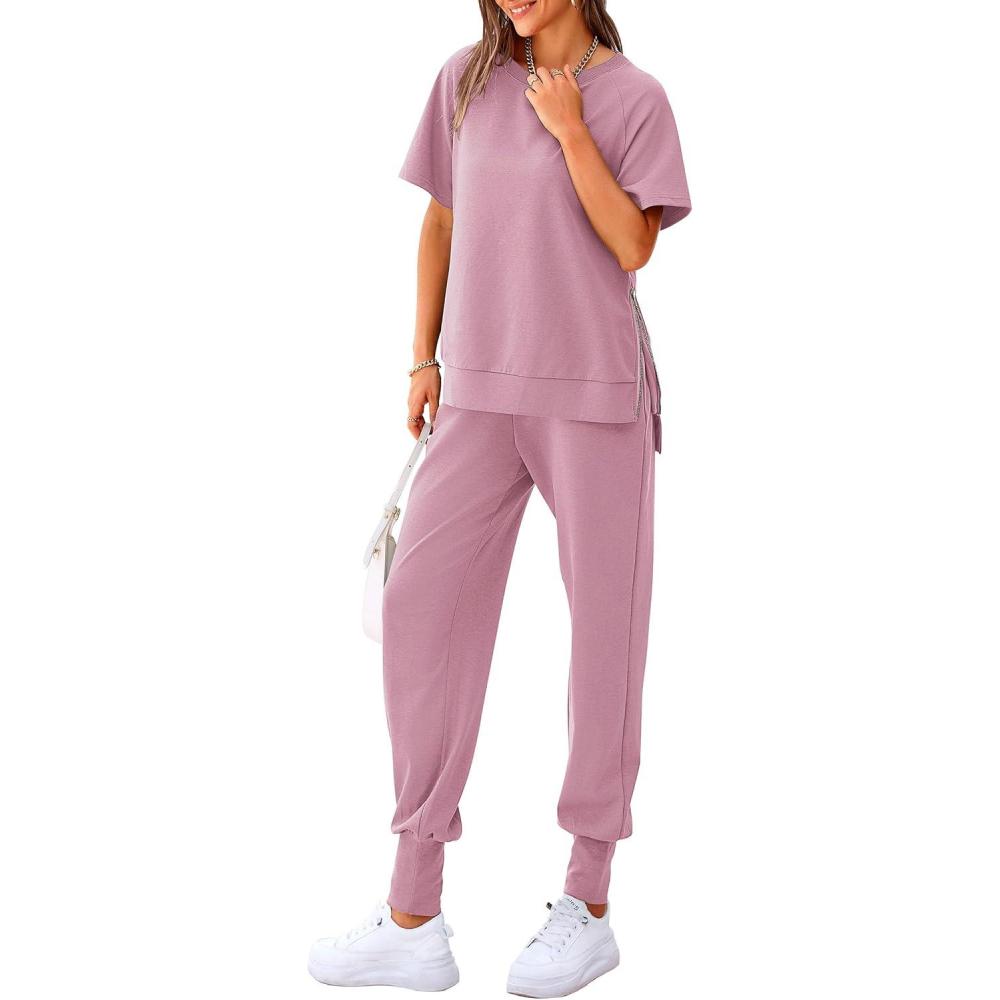 imagePRETTYGARDEN Womens Summer 2 Piece Outfit Tracksuits Casual Short Sleeve Tops High Waisted Sweatpants Set PinkLarge