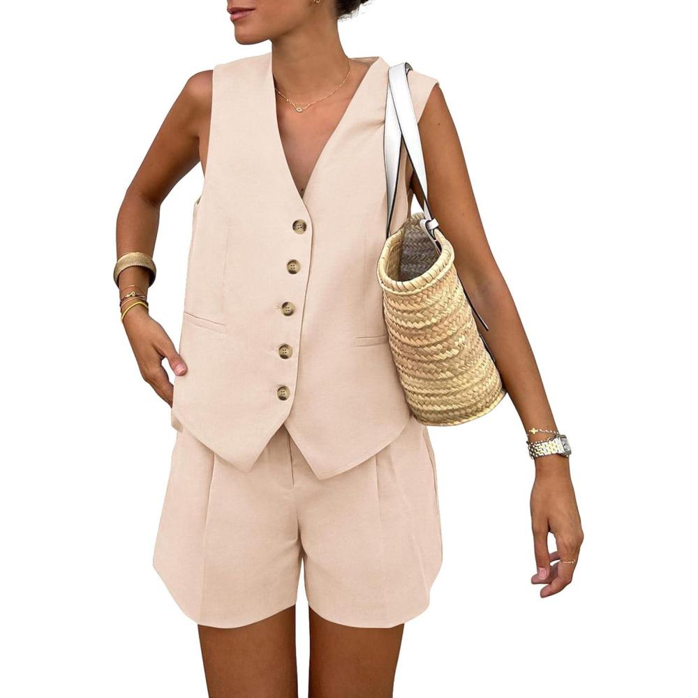 imagePRETTYGARDEN Womens Summer 2 Piece Outfits Sleeveless Matching Sets Button Down V Neck Vest Waistcoat and Pockets ShortsBeige