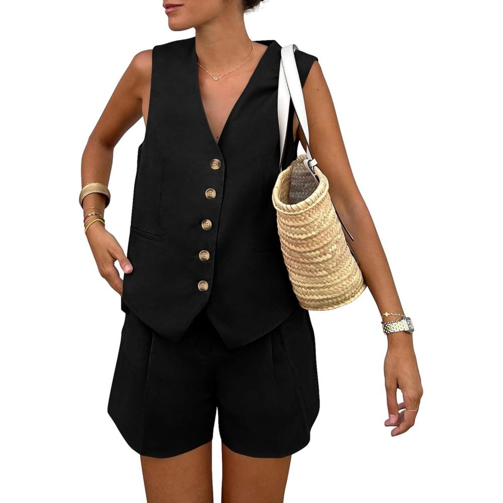 imagePRETTYGARDEN Womens Summer 2 Piece Outfits Sleeveless Matching Sets Button Down V Neck Vest Waistcoat and Pockets ShortsBlack
