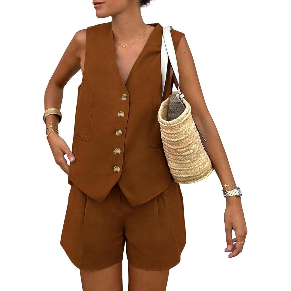 imagePRETTYGARDEN Womens Summer 2 Piece Outfits Sleeveless Matching Sets Button Down V Neck Vest Waistcoat and Pockets ShortsBrown