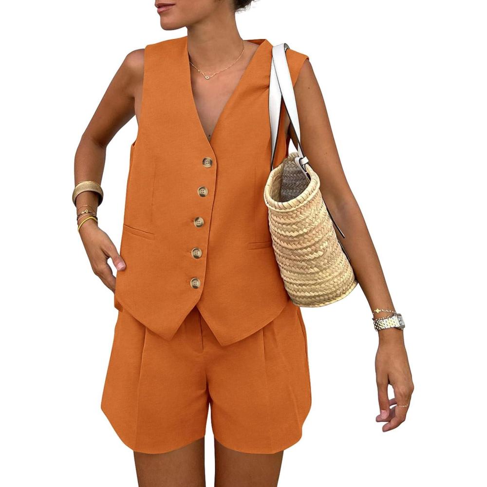 imagePRETTYGARDEN Womens Summer 2 Piece Outfits Sleeveless Matching Sets Button Down V Neck Vest Waistcoat and Pockets ShortsBrown Orange