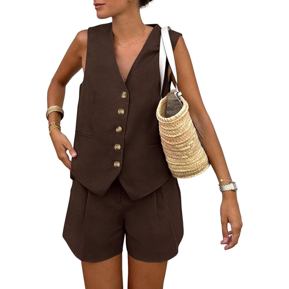 imagePRETTYGARDEN Womens Summer 2 Piece Outfits Sleeveless Matching Sets Button Down V Neck Vest Waistcoat and Pockets ShortsDark Coffee