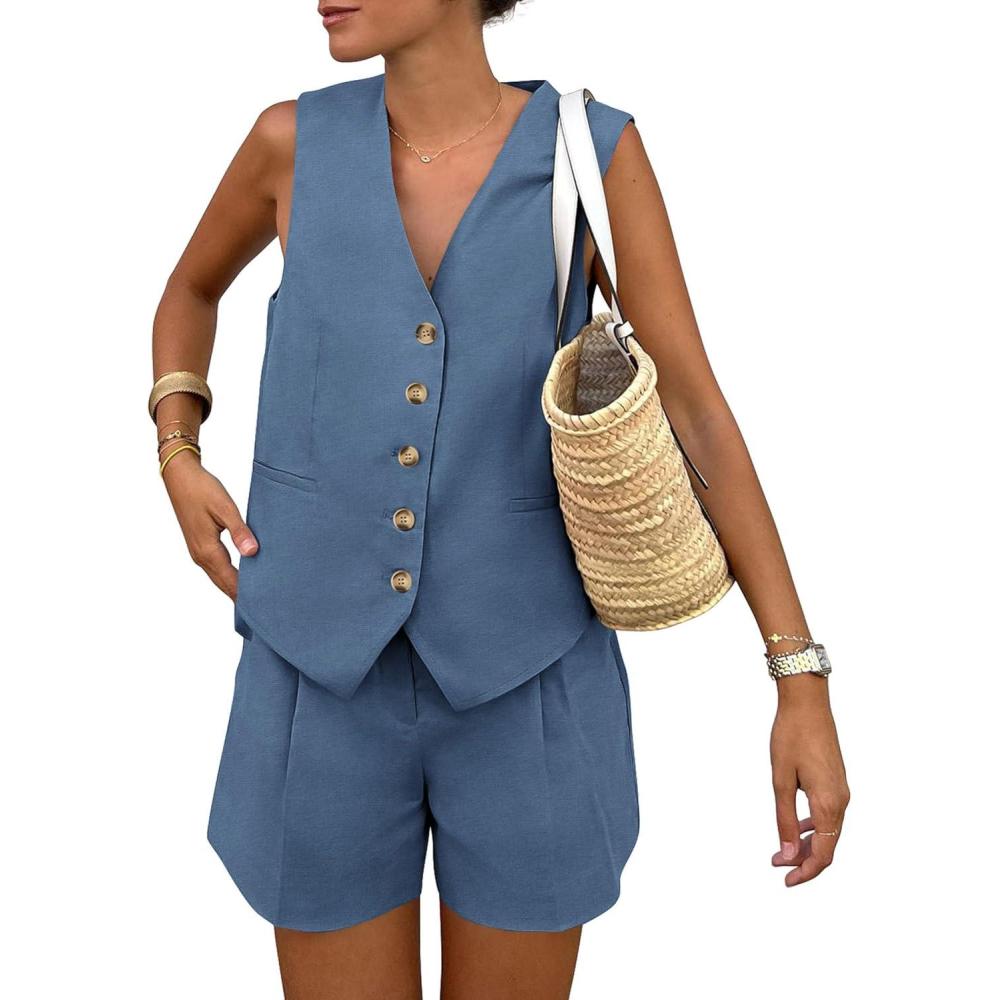 imagePRETTYGARDEN Womens Summer 2 Piece Outfits Sleeveless Matching Sets Button Down V Neck Vest Waistcoat and Pockets ShortsDenim Blue