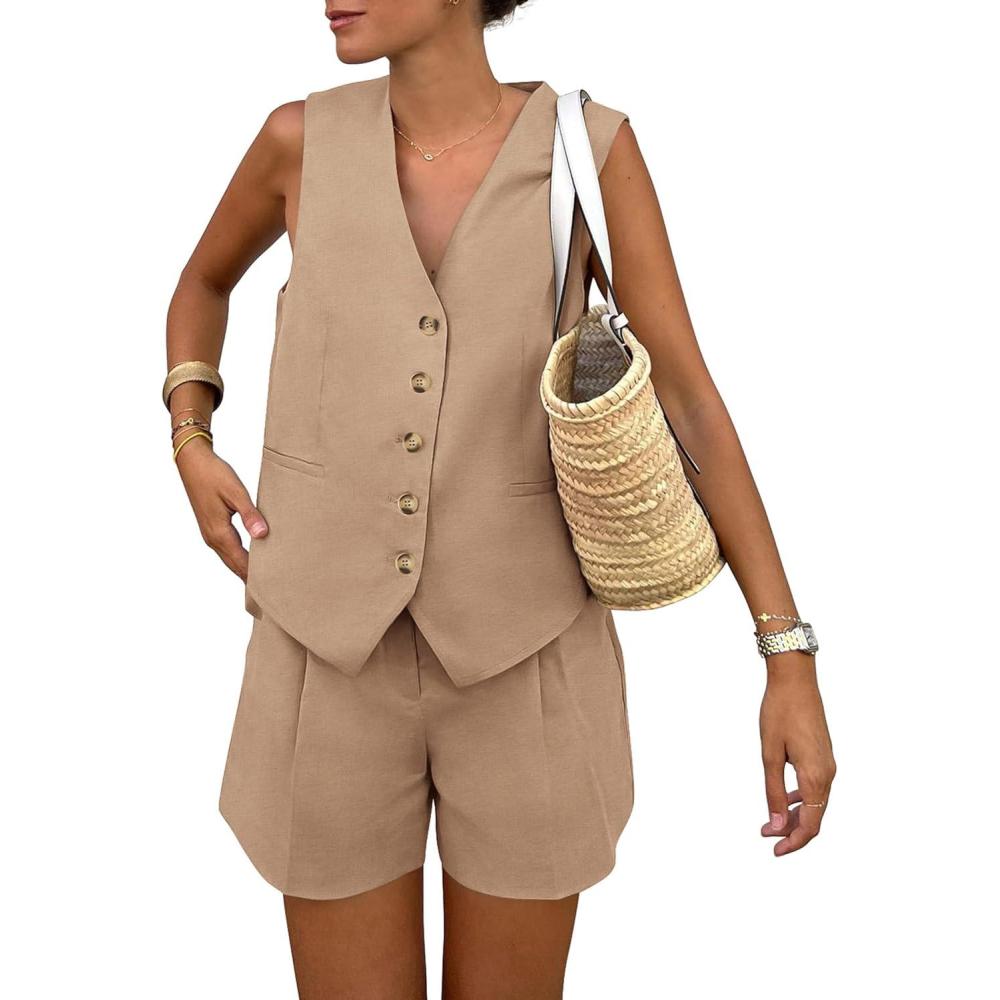 imagePRETTYGARDEN Womens Summer 2 Piece Outfits Sleeveless Matching Sets Button Down V Neck Vest Waistcoat and Pockets ShortsKhaki