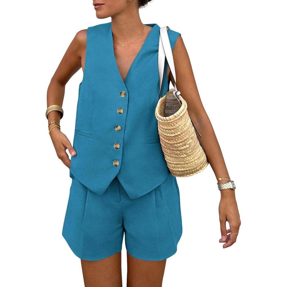 imagePRETTYGARDEN Womens Summer 2 Piece Outfits Sleeveless Matching Sets Button Down V Neck Vest Waistcoat and Pockets ShortsLake Blue