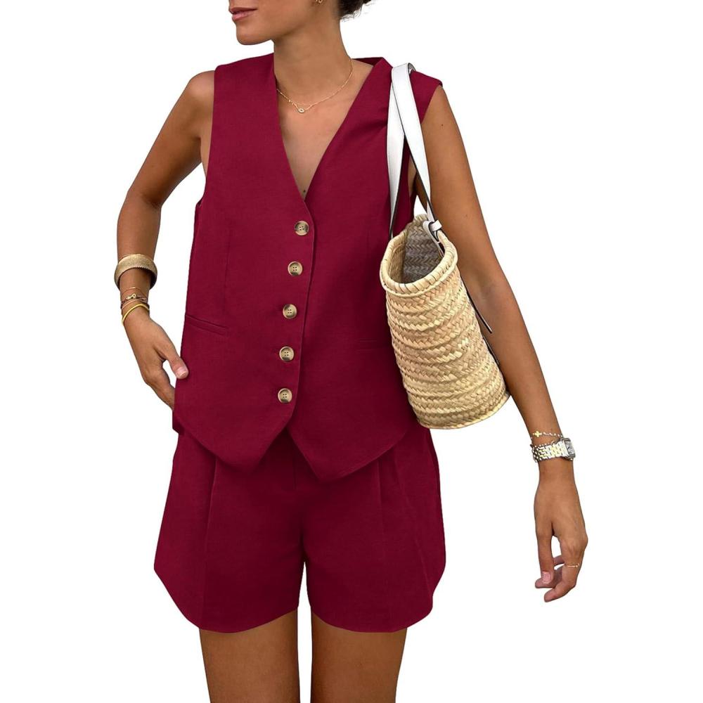 imagePRETTYGARDEN Womens Summer 2 Piece Outfits Sleeveless Matching Sets Button Down V Neck Vest Waistcoat and Pockets ShortsWine Red