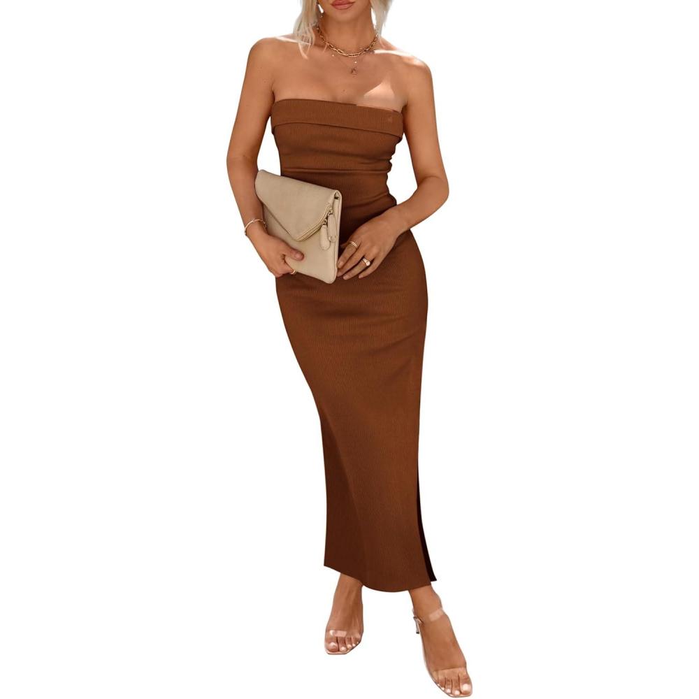 imagePRETTYGARDEN Womens Summer Bodycon Maxi Tube Dress Ribbed Strapless Side Slit Long Going Out Casual Elegant Party DressesBrown