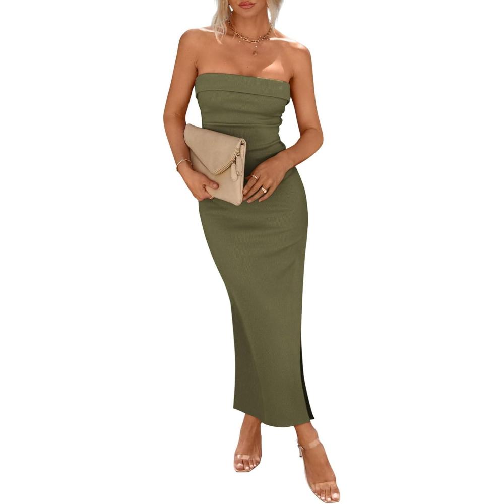imagePRETTYGARDEN Womens Summer Bodycon Maxi Tube Dress Ribbed Strapless Side Slit Long Going Out Casual Elegant Party DressesLight Army Green
