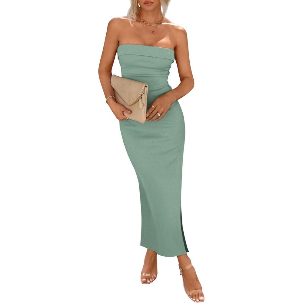 imagePRETTYGARDEN Womens Summer Bodycon Maxi Tube Dress Ribbed Strapless Side Slit Long Going Out Casual Elegant Party DressesLight Green