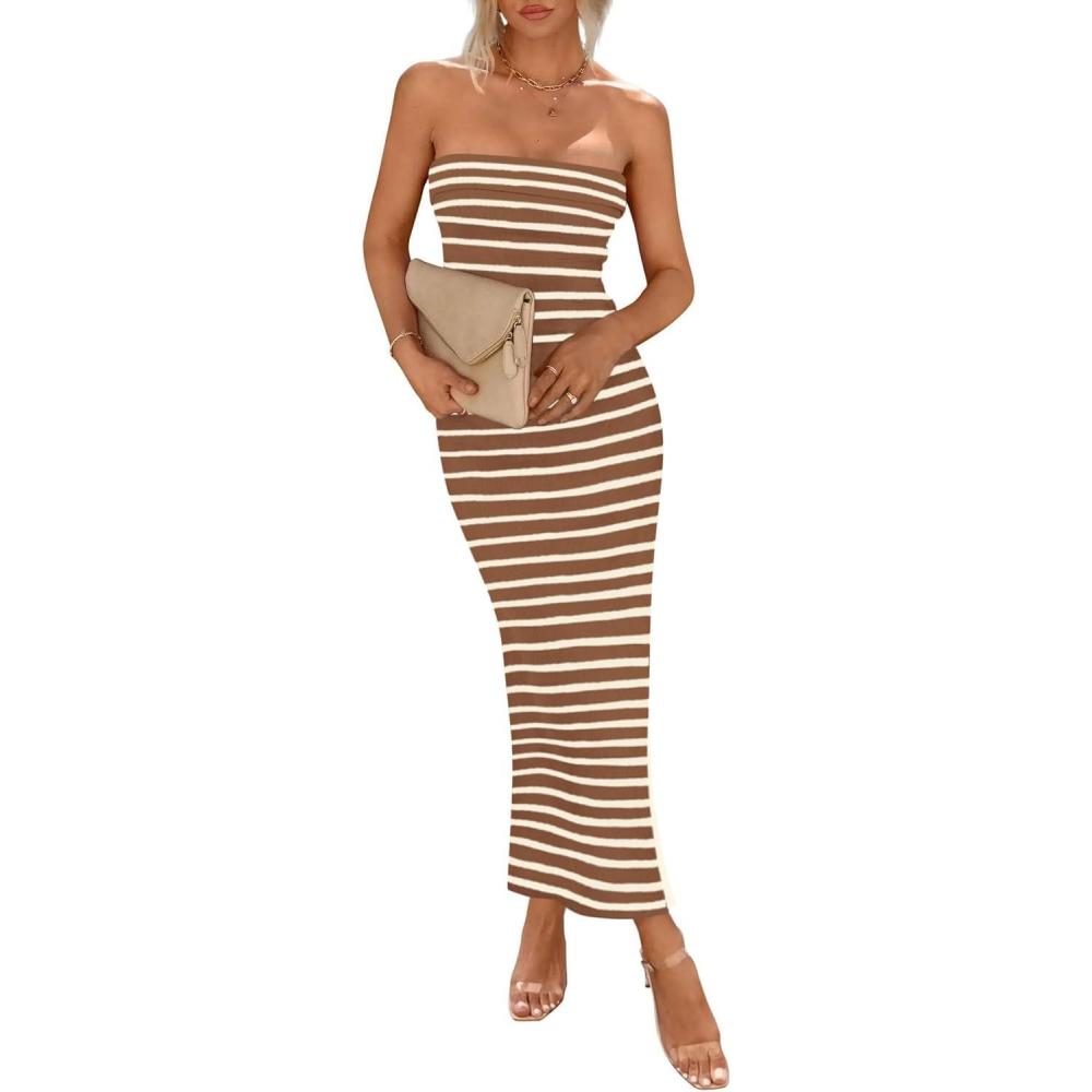 imagePRETTYGARDEN Womens Summer Bodycon Maxi Tube Dress Ribbed Strapless Side Slit Long Going Out Casual Elegant Party DressesWide Striped Brown White