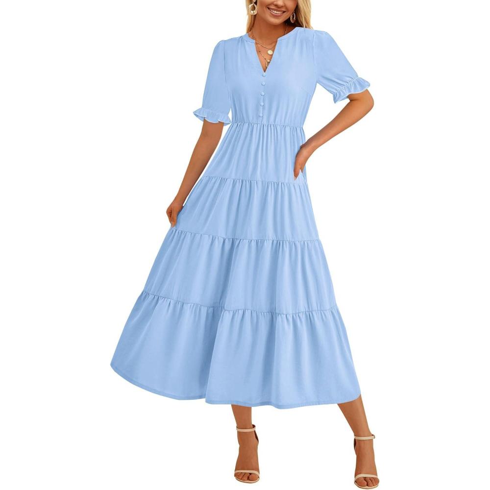 imagePRETTYGARDEN Womens Summer Casual Short Sleeve V Neck Midi Dresses 2025 Spring Aline Tiered Wedding Guest DressLight Blue